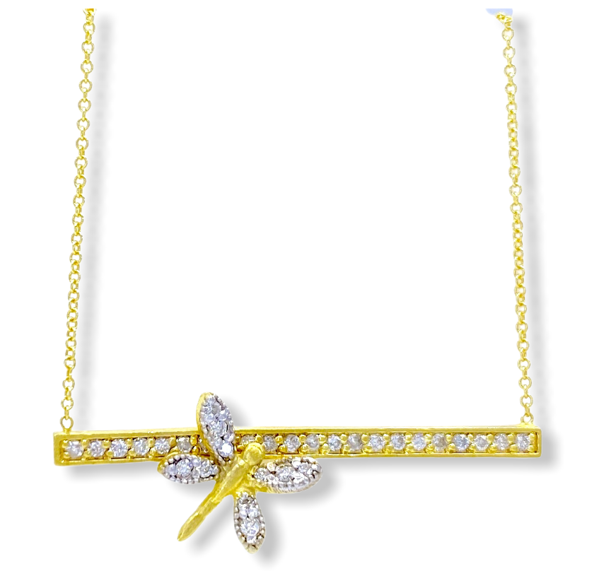 Yellow gold diamond bar necklace with a pave dragonfly motif