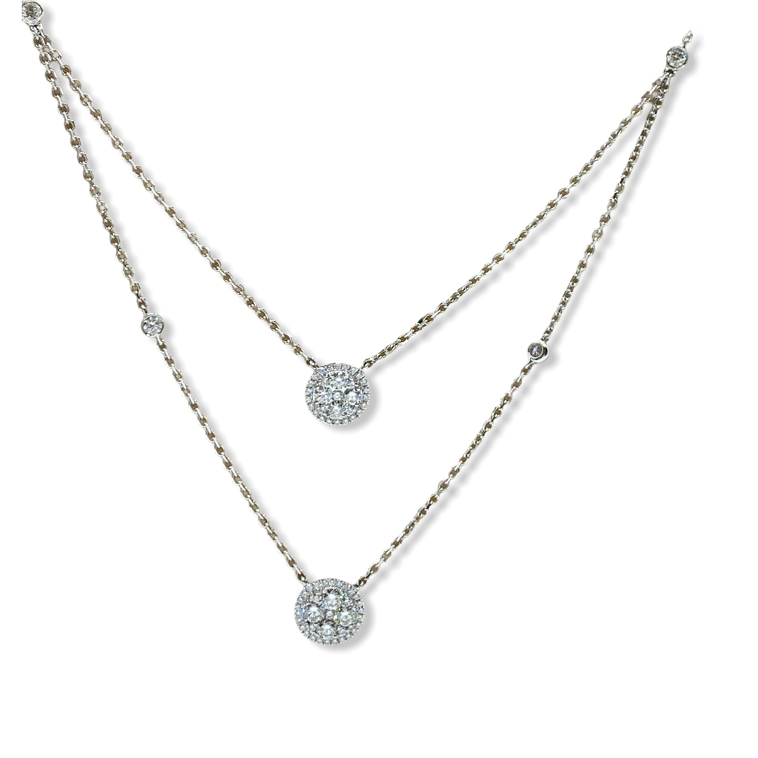 White gold layered necklace with two round pave diamond cluster discs