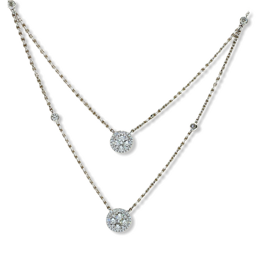 White gold layered necklace with two round pave diamond cluster discs
