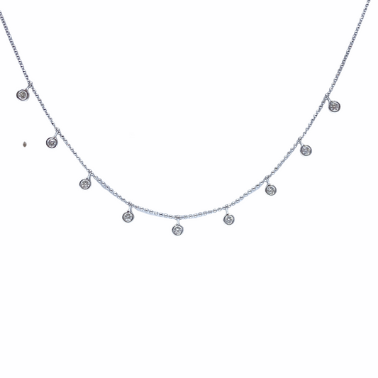 White gold beaded chain necklace with nine bezel-set diamond drop charms