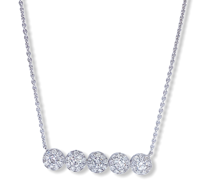 White gold diamond bar necklace with five graduated pave halo clusters