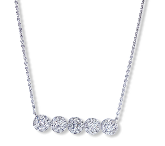 White gold diamond bar necklace with five graduated pave halo clusters