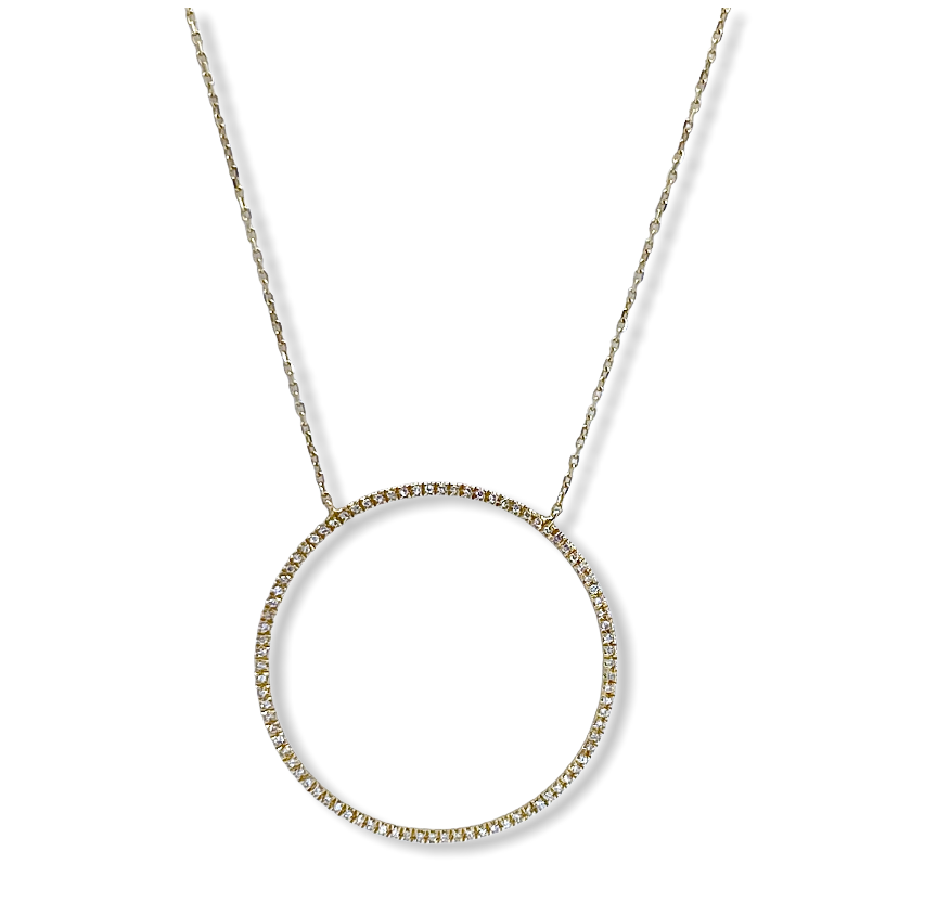 Yellow gold large open-circle diamond pendant on a fine chain