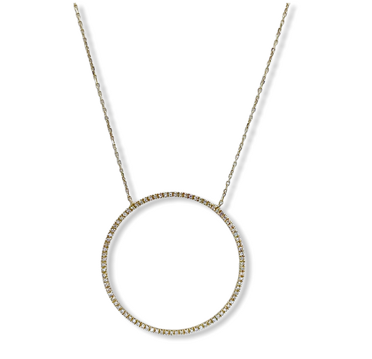 Yellow gold large open-circle diamond pendant on a fine chain
