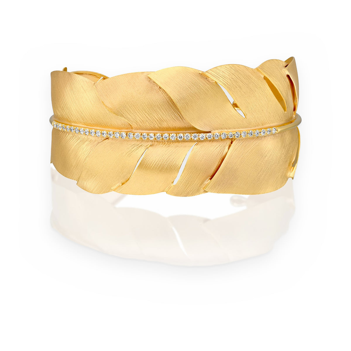 Yellow gold feather leaf cuff bracelet with diamond central spine