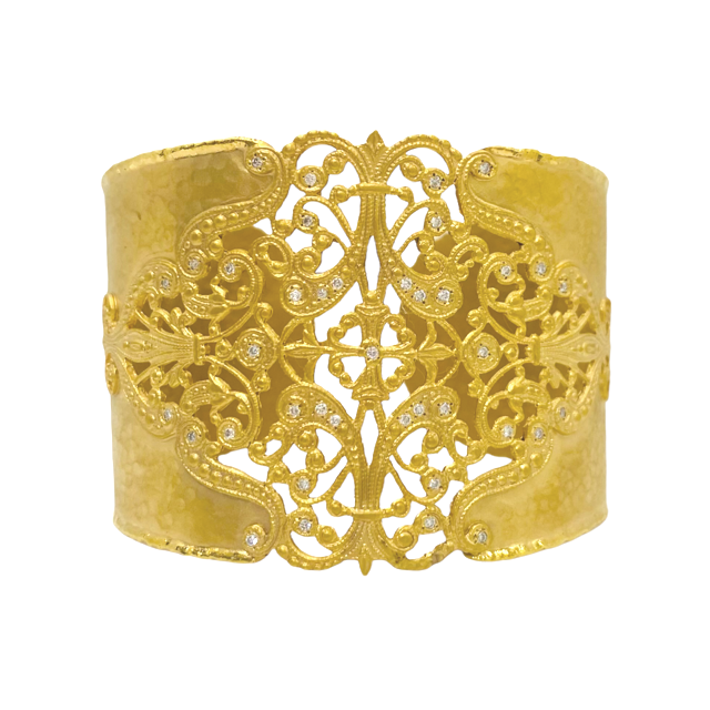 Yellow gold hammered wide cuff with diamond openwork filigree center