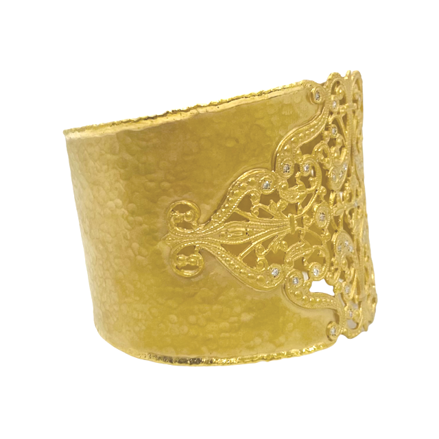 Hammered yellow gold filigree cuff bracelet, angled side view