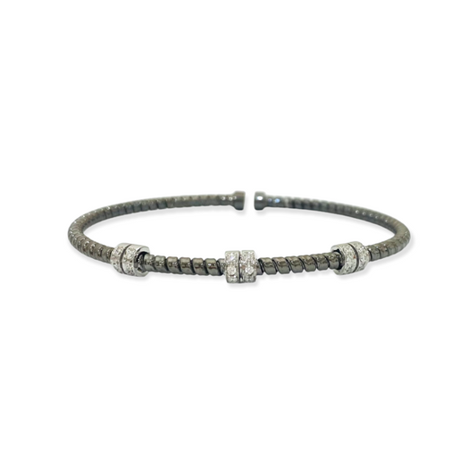 Blackened gold twisted cuff bracelet with three diamond rondelle stations