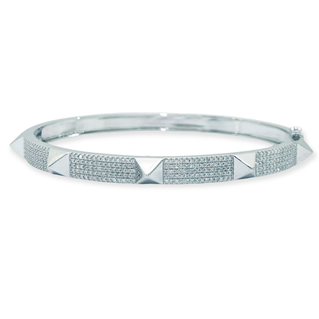 White gold pave diamond bangle with polished pyramid studs
