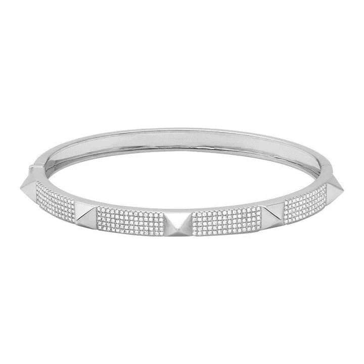 White gold pave diamond bangle with pyramid studs, front view