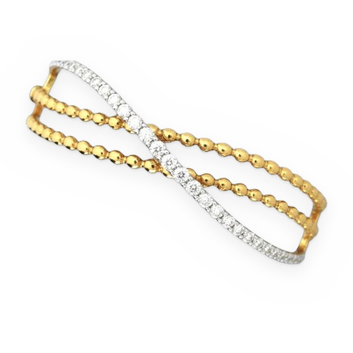Two-tone gold beaded crossover bangle with diamond row