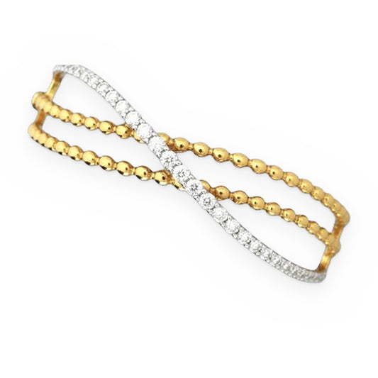 Two-tone gold beaded crossover bangle with diamond row