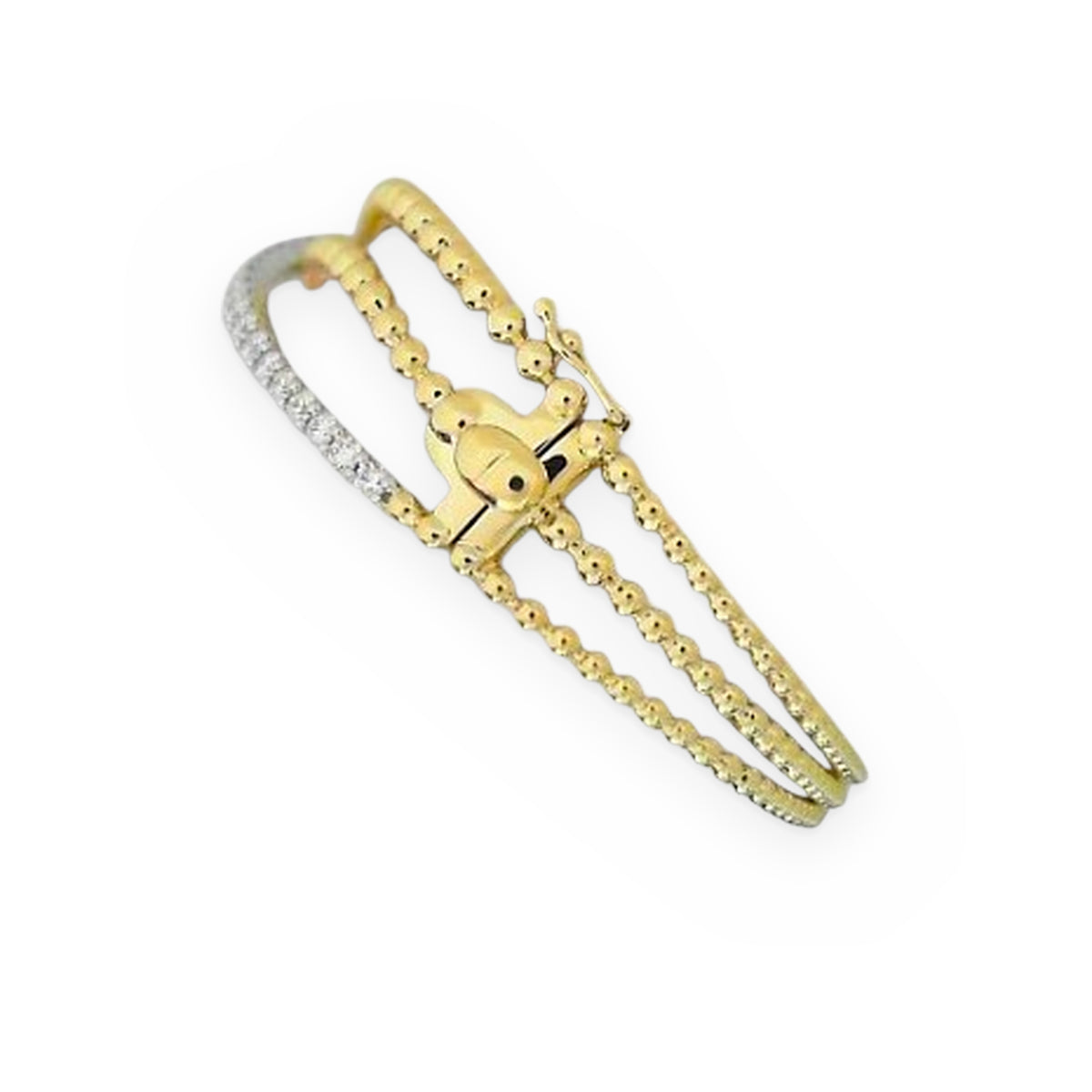Two-tone beaded diamond crossover bangle showing clasp