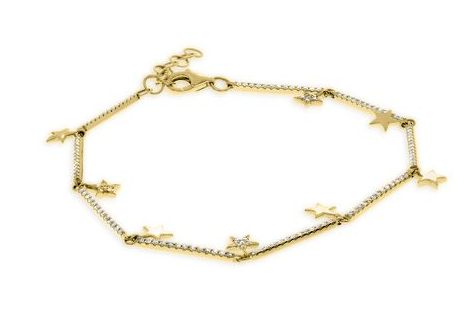 Yellow gold diamond bar link bracelet with gold star charms