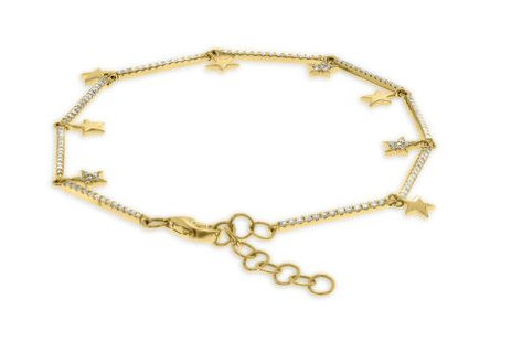 Yellow gold star charm diamond bar bracelet with extender chain