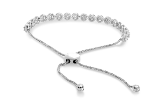 White gold diamond bolo bracelet showing slider and bead tips