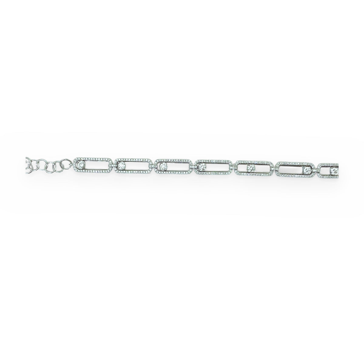 Close view of white gold pave open-link diamond bracelet