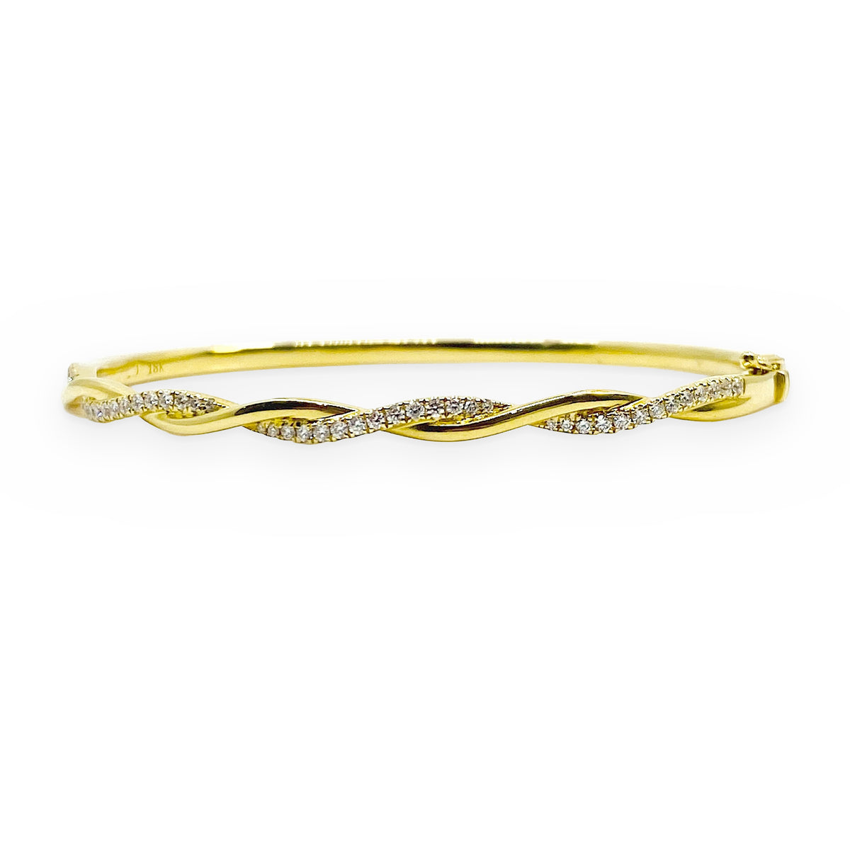 Yellow gold twisted rope bangle with pave diamond ribbon