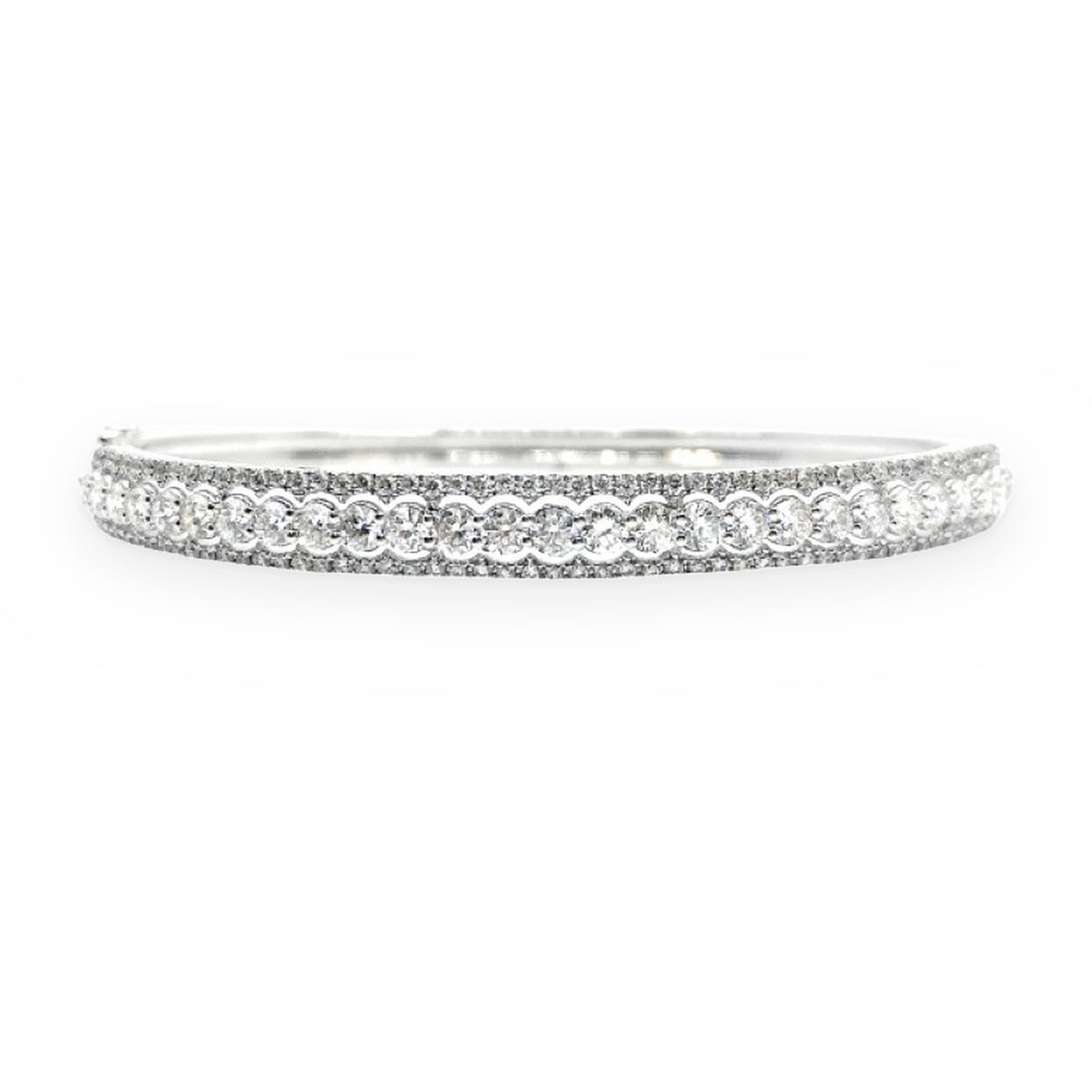 White gold diamond bangle with double halo scalloped diamond row