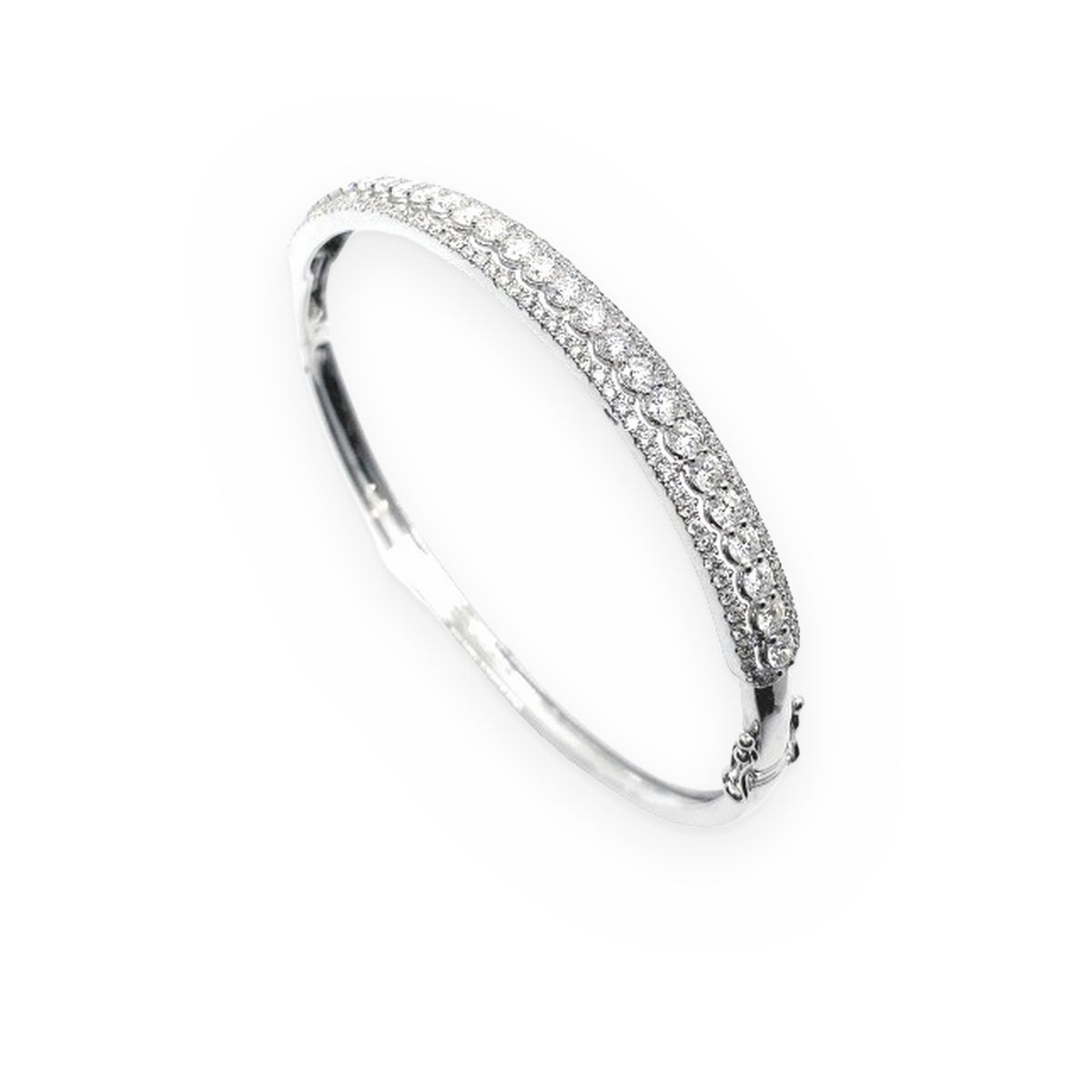 White gold double-halo diamond bangle, angled view