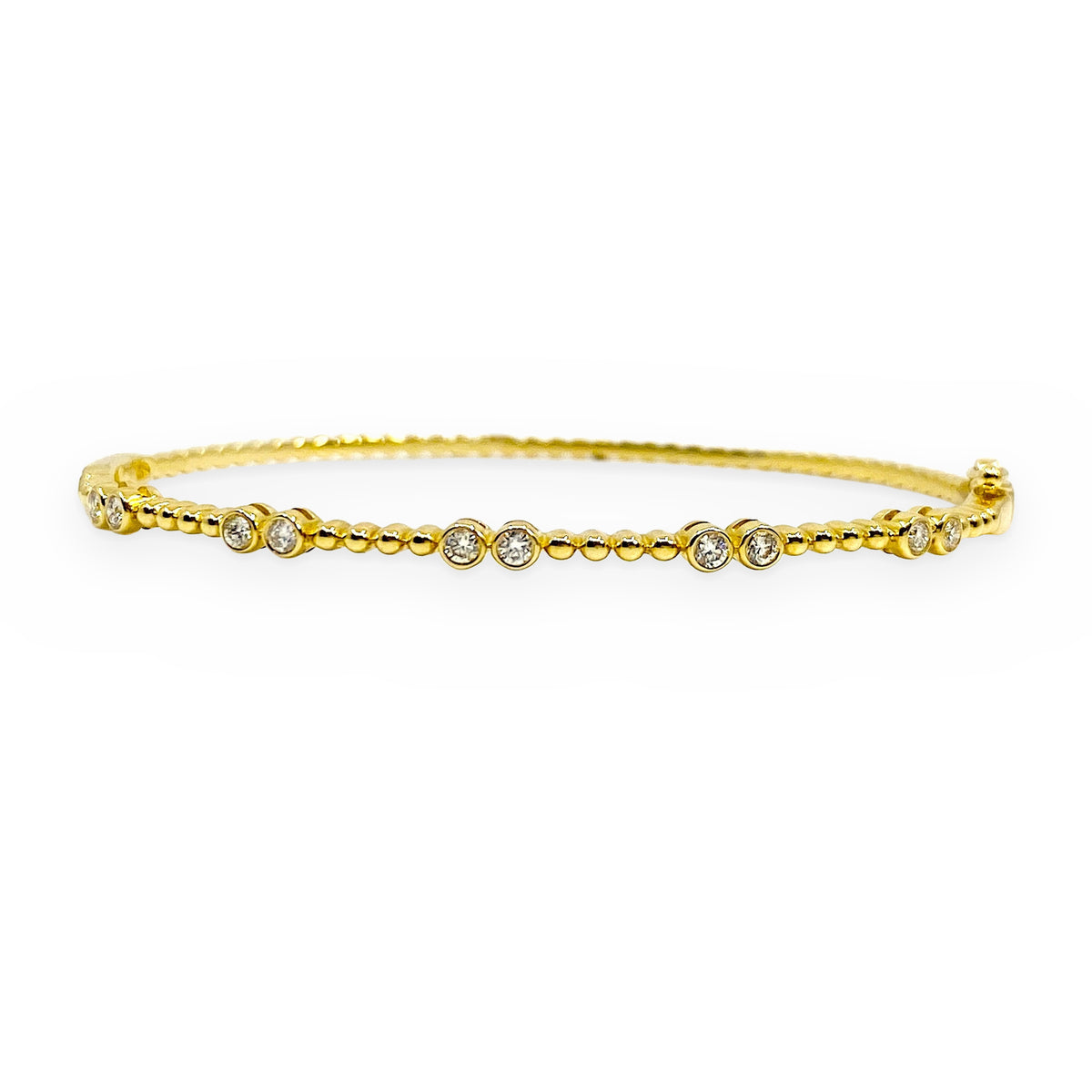 18K yellow gold beaded bangle bracelet with bezel-set round diamond accents