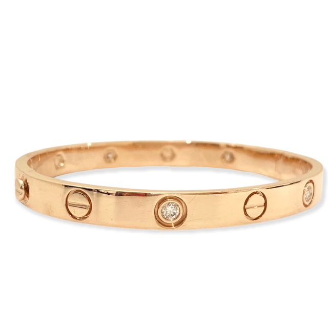 Rose gold love bangle bracelet with screw motifs and bezel-set diamonds