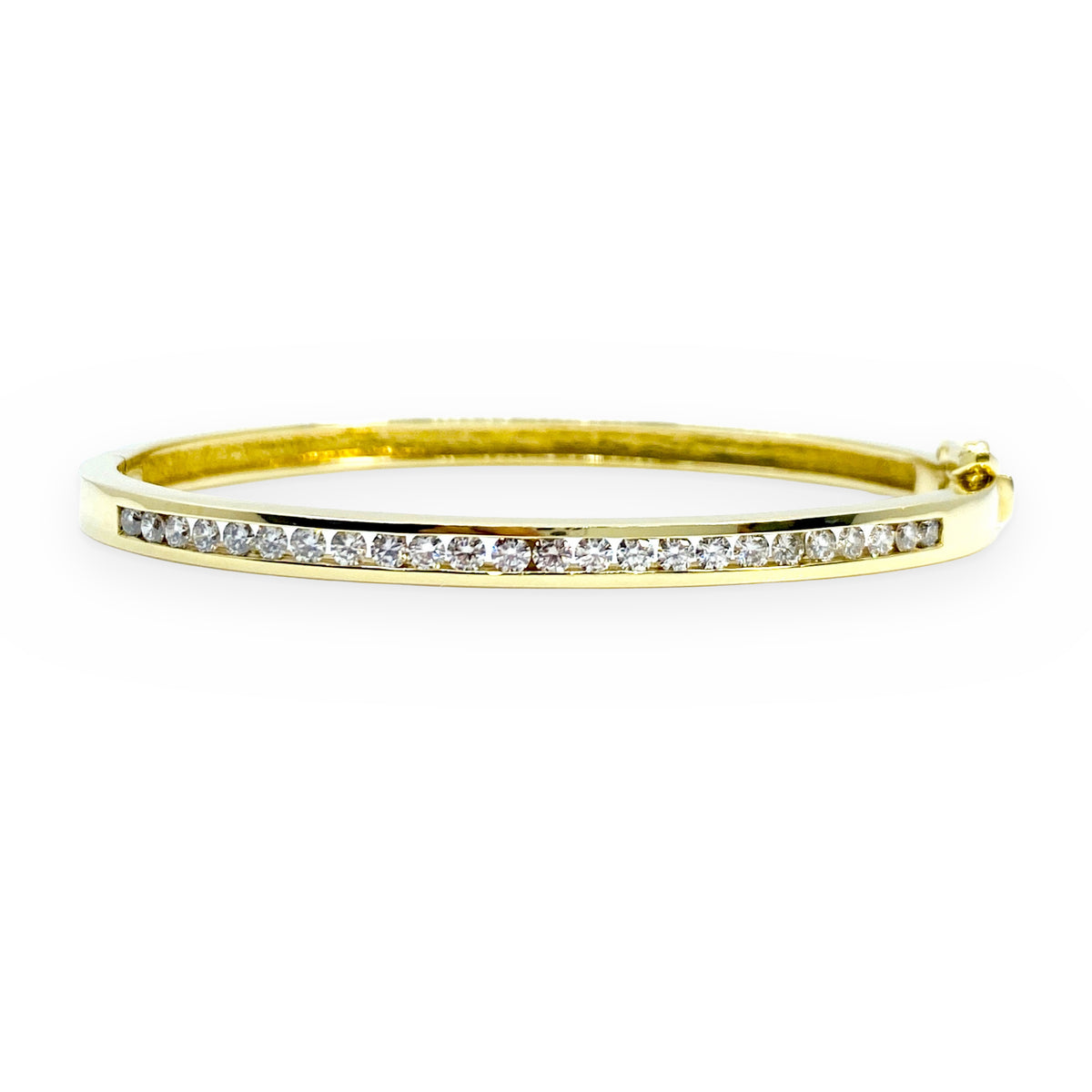 Yellow gold channel-set diamond bangle bracelet with a row of round diamonds