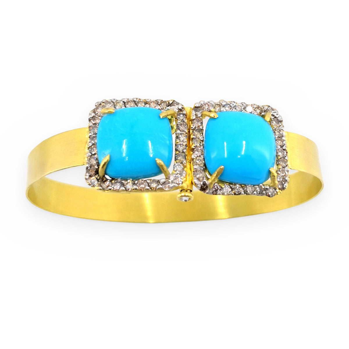 Yellow gold cuff bracelet with two cushion turquoise cabochons in diamond halos