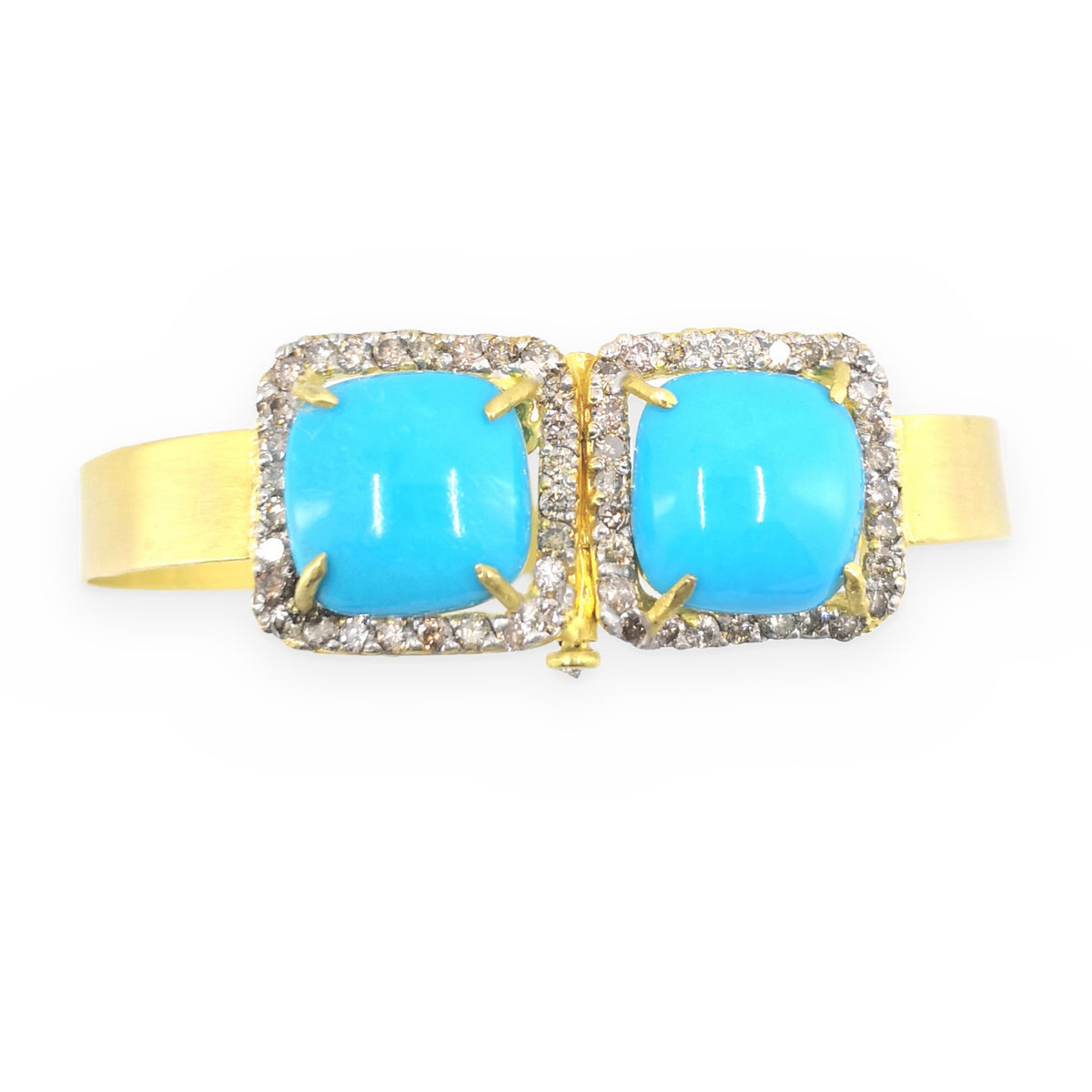 Yellow gold turquoise and diamond halo cuff bracelet, slightly angled view