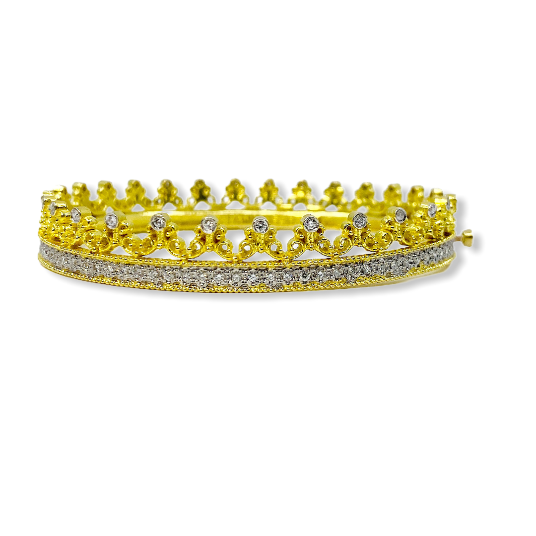 Two-tone gold crown bangle with a pave diamond band and filigree crown detail