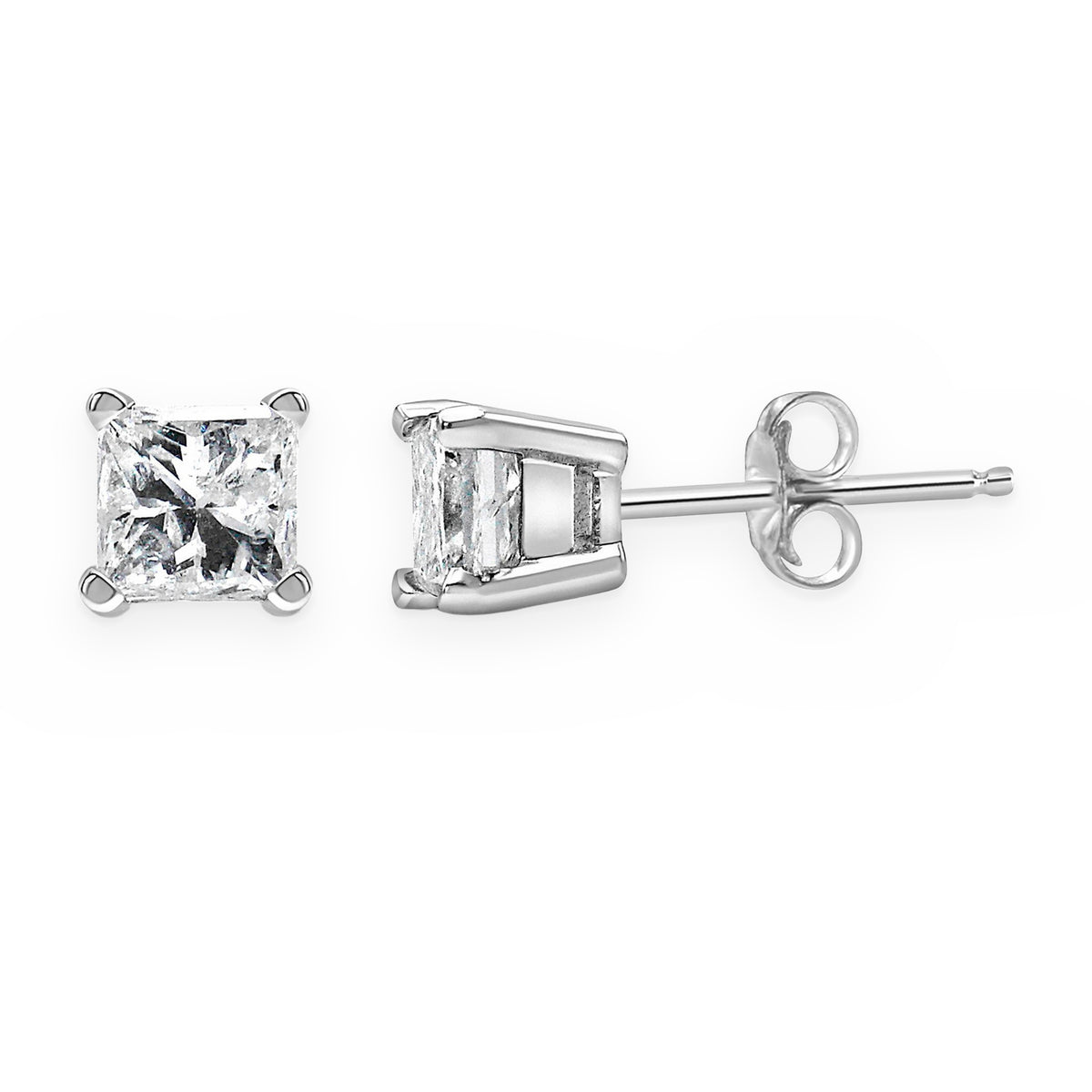Princess-cut diamond stud earring shown face-on and in profile with push back