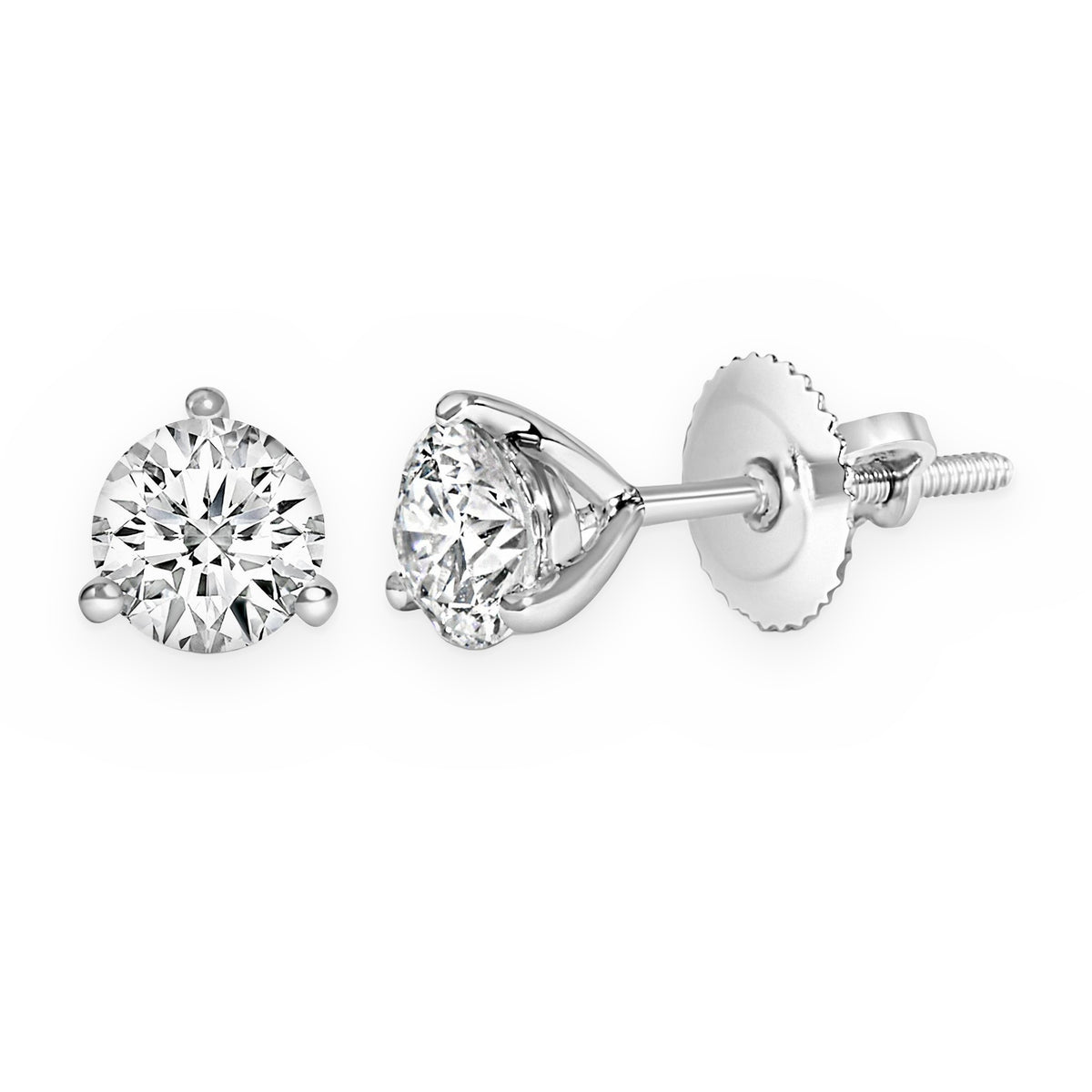 Round brilliant diamond stud earring in white gold martini setting with screw back