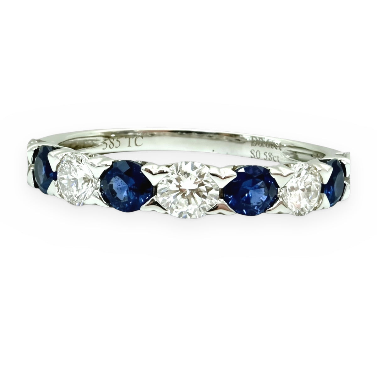 White gold band alternating round blue sapphires and diamonds, engraved 585