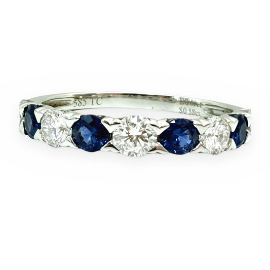 White gold band alternating round blue sapphires and diamonds, engraved 585