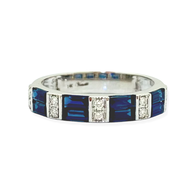 White gold band with baguette blue sapphires and pairs of round diamonds