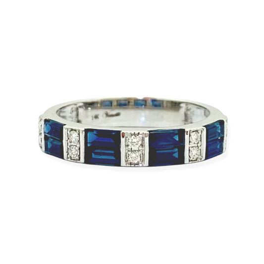 White gold band with baguette blue sapphires and pairs of round diamonds
