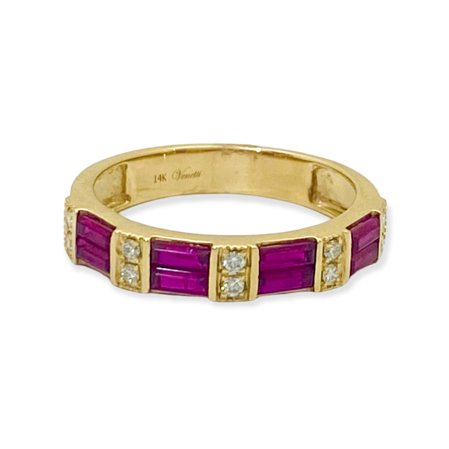 Yellow gold band with baguette rubies and pairs of round diamonds, engraved 14K Venetti