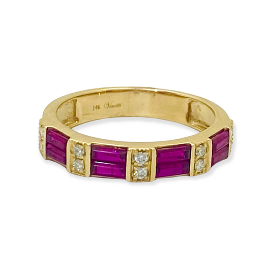 Yellow gold band with baguette rubies and pairs of round diamonds, engraved 14K Venetti