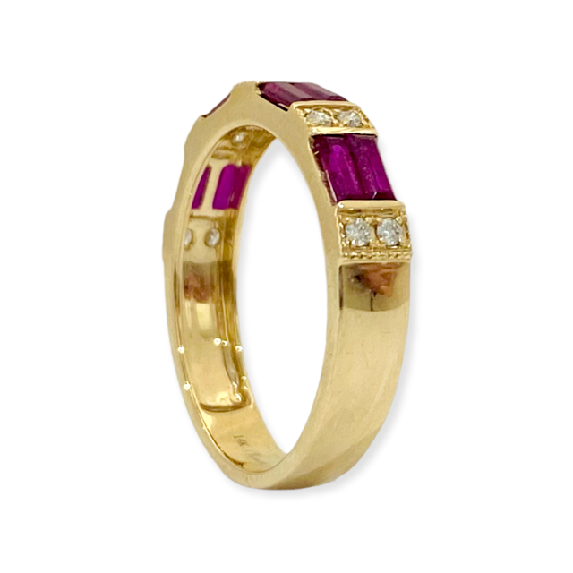 Yellow gold baguette ruby and diamond band, three-quarter angled view