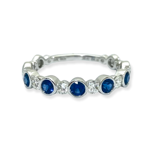 White gold band with bezel-set round blue sapphires and round diamonds