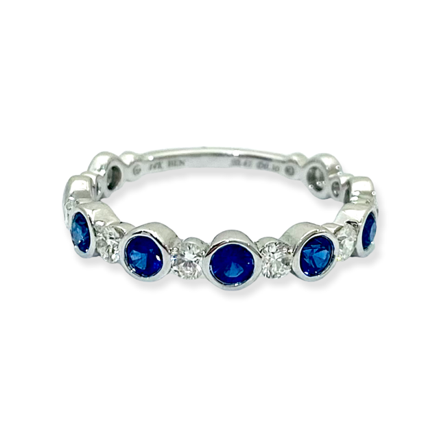 White gold bezel sapphire and diamond band, front view with interior engraving