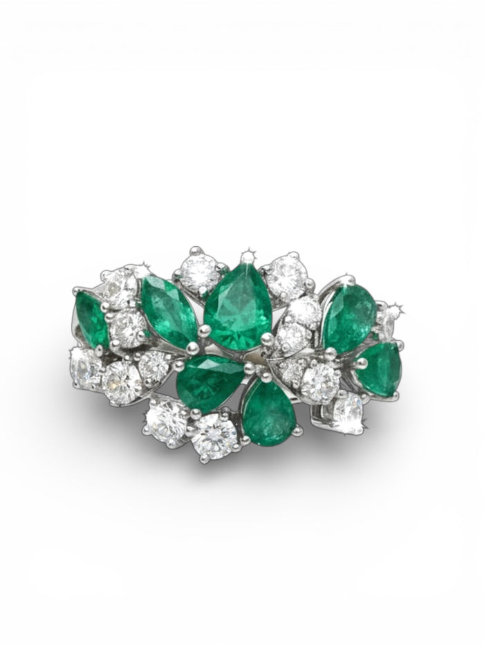 14K White Gold Emerald & Diamond Floral Ring 2.17 CTW