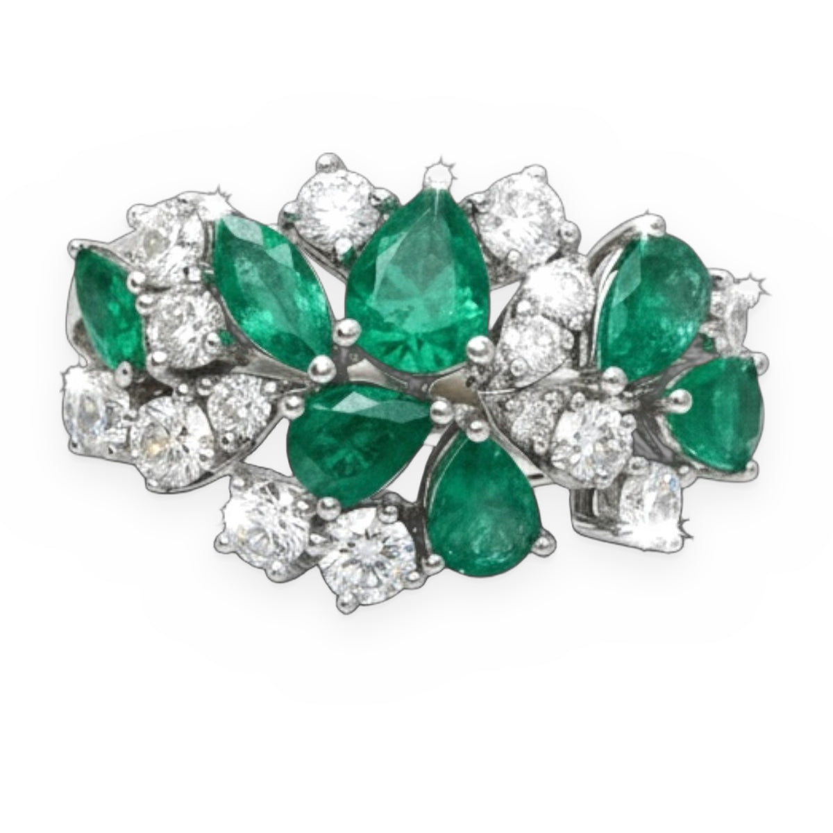 White gold cluster ring with pear-shaped emeralds and round diamonds