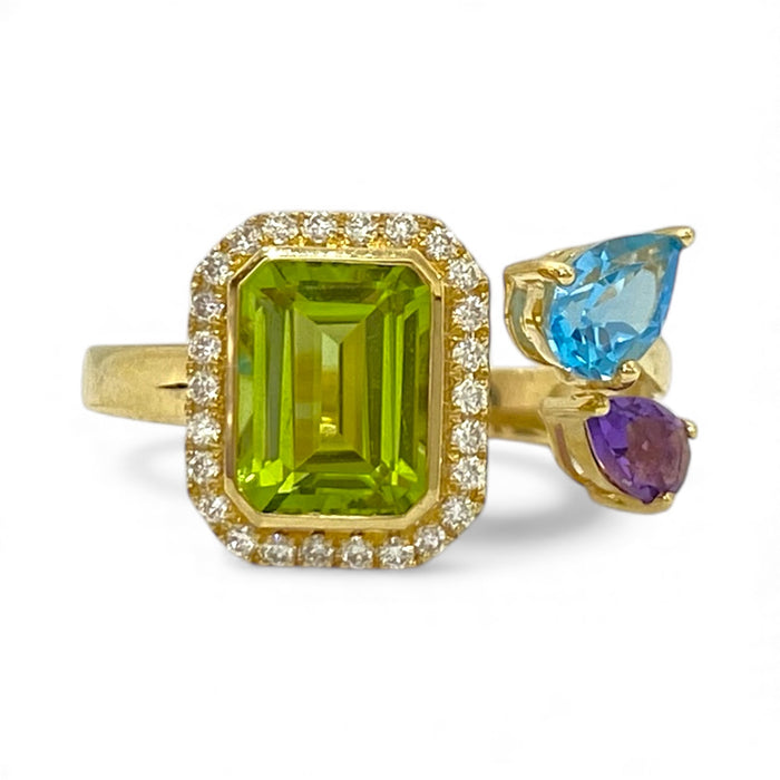 14K Yellow Gold Peridot, Blue Topaz & Amethyst Halo Ring