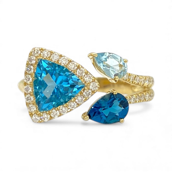 14K Yellow Gold Multi-Blue Topaz & Diamond Halo Bypass Ring