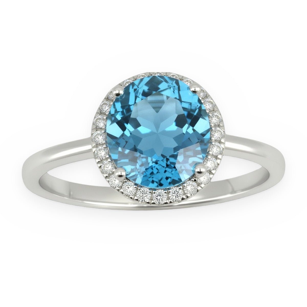 White gold ring with an oval blue topaz in a round diamond halo