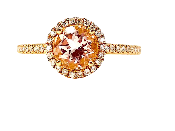 Rose gold ring with a round morganite in a diamond halo on a pave band