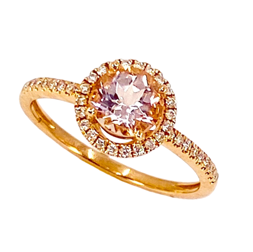 Rose gold morganite diamond halo ring shown at an angle, background removed