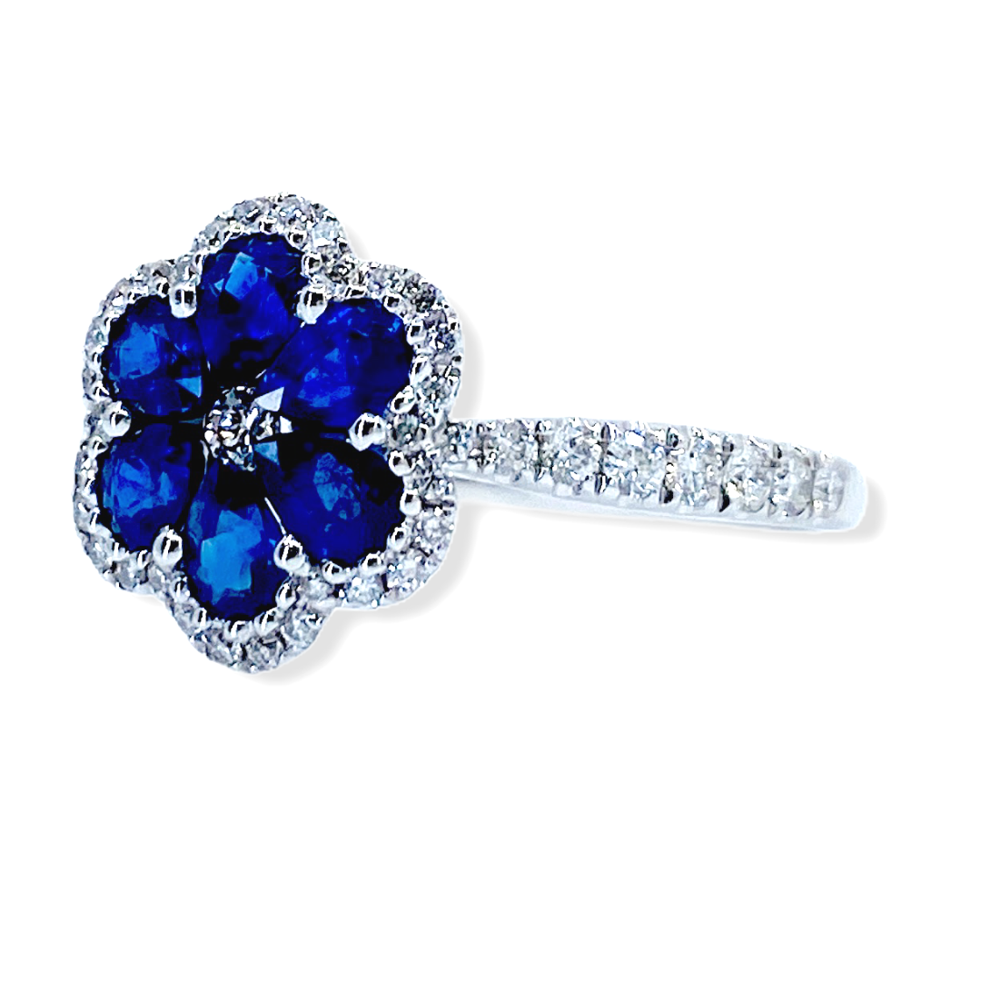 18K white gold blue sapphire flower cluster ring with diamond halo and pave band