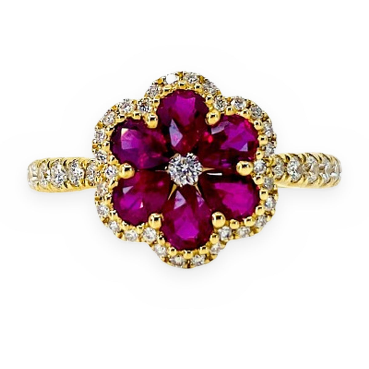 18K yellow gold ruby flower cluster ring with diamond halo and pave band